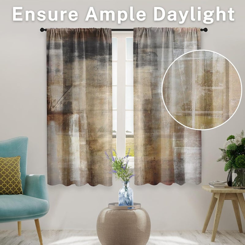 Tayney Brown Beige Painting Kitchen Curtains 63 Inch Length Grey Window Curtains Over Sink Set of 2, Contemporary Curtain for Bedroom Living Room, Abstract Kitchen Decor 42x63 Inch - Image 3